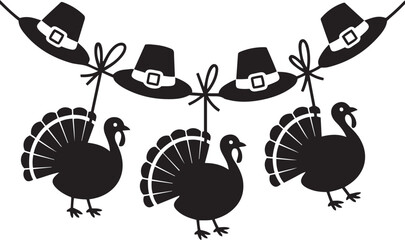 Obraz premium Thanksgiving garland vector with turkey and pilgrim hat silhouettes for holiday decor