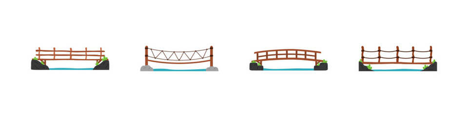 Bridge sign set. Wooden bridge vector set. Isolated walking bridge icons in color and doodle style.