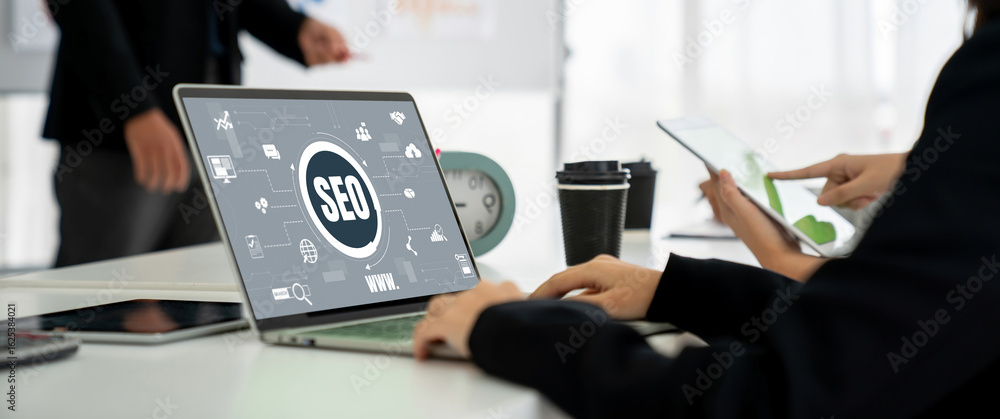 Poster seo search engine optimization for modish e-commerce and online retail business showing on computer 
