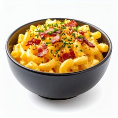 Delicious macaroni and cheese with crispy bacon in a black bowl isolated on white background