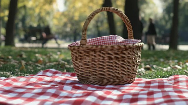 A basket is sitting on a checkered blanket. The basket is empty. The blanket is red and white