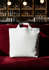 A clean white tote bag mockup rests on a plush red velvet couch in a luxury bar setting, ideal for showcasing stylish and sophisticated branding.