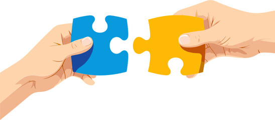 Hands connecting blue and yellow puzzle pieces teamwork concept

