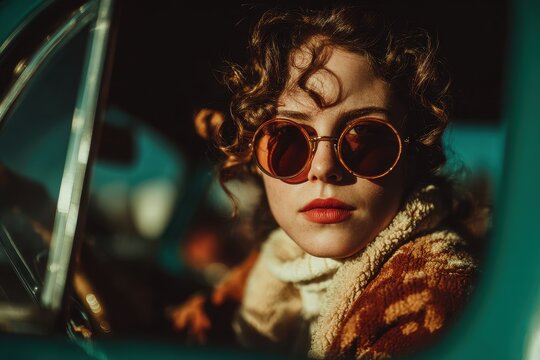 Young woman in vintage car wearing round sunglasses enjoys the sunny weather during golden hour for car ride on sunny day - Powered by Adobe