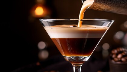 close up of an espresso martini being poured into a glass with smooth creamy texture and elegant presentation