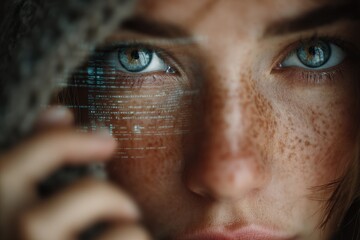Glamorous woman with binary code eyewear and silver veil touches face in studio for a modern futuristic fashion concept