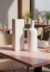 Minimalist White Bottle and Packaging Box on Pink Table in Cozy Café Interior – Modern Branding Mockup, Product Presentation, and Elegant Design Concept for Beverage, Wine, or Liquor Marketing
