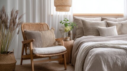 japandi bedroom, wicker armchair, soft textured pillows, neutral linen bedding, cozy lighting