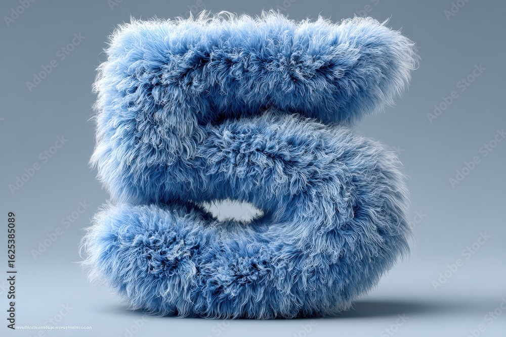 Poster fur covered number five in blue and white stands on a plain white background creating shadows, a whi