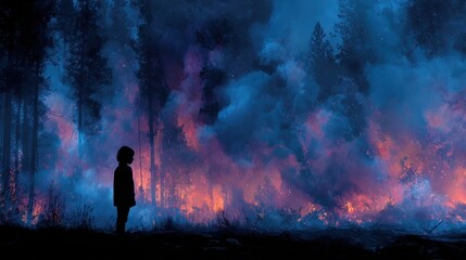 a child standing in front of a dying forest, smoke and flames, climate anxiety theme