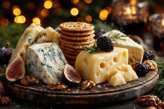 Variety of cheeses, grapes, crackers, and walnuts arranged on a wooden board for an appetizing display, perfect for holiday gatherings and gourmet food enthusiasts
