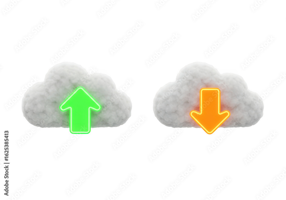 Poster photo of two fluffy clouds with neon arrows pointing up and down isolated on transparent background 