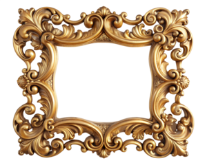 Ornate gold rectangular picture frame with decorative carvings isolated on transparent background