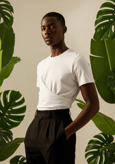 A stylish Black man in a white wrap t-shirt and black trousers poses amidst lush tropical leaves, embodying modern fashion with a natural touch.


