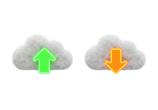 Photo of two fluffy clouds with neon arrows pointing up and down isolated on transparent background represent cloud data transfer