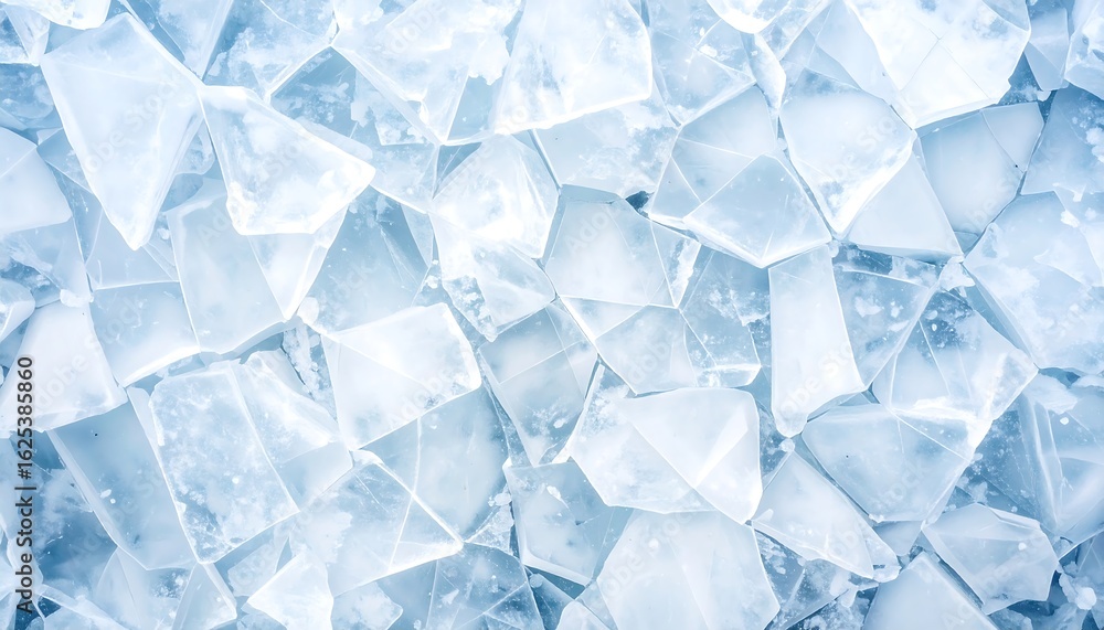 Poster detailed closeup of a cracked ice surface, featuring sharp geometric shards and a cool blue and whit