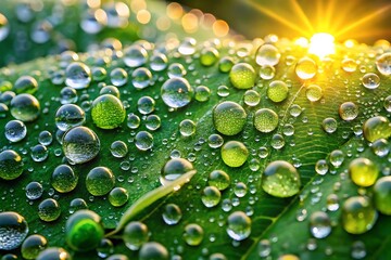 Close Up of Glistening Rain Droplets on Lush Green Leaf