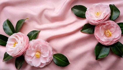delicate pale pink camellia flowers with lush green leaves on soft pink satin fabric background