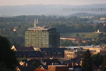 City skyline with a large building in the middle