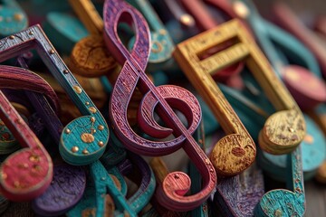 Fototapeta premium Close-up of decorative multicolored treble clef ornaments made of shiny wire displayed indoors on a simple gray surface
