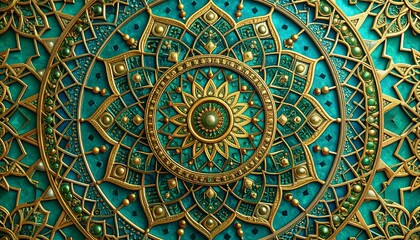 Fototapeta premium Luxurious gold and teal mandala background with intricate bas-relief details and green gemstone inlay. Ornate, spiritual, and decorative abstract pattern for wellness and design concepts.