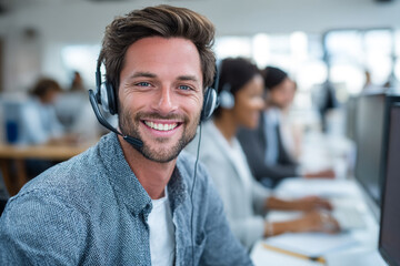 Friendly male customer service rep smiles. Bright, corporate lighting. Works for ads, website images, or internal communication material.
