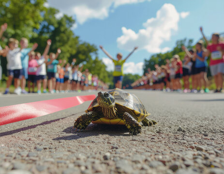 Schildkr&ouml;te l&auml;uft Marathon mit Siegespose &ndash; comicartig & motivierend