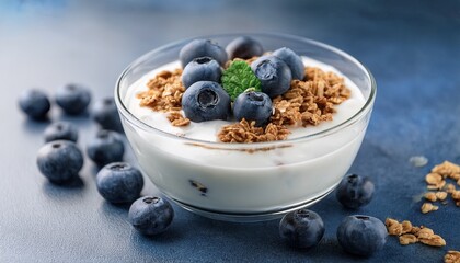 delicious yogurt with blueberries and granola in a clear bowl for a healthy breakfast