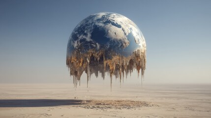 melting Earth globe dripping into an empty desert, surreal concept art 