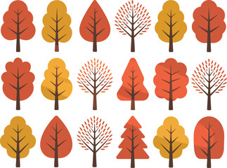 Obraz premium Collection of stylized autumn trees with colorful leaves. A contemporary art print featuring various seasonal fall forest designs.