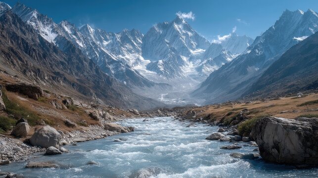 melting glaciers in the Himalayas, sacred mountain in the background, environmental contrast  - Powered by Adobe