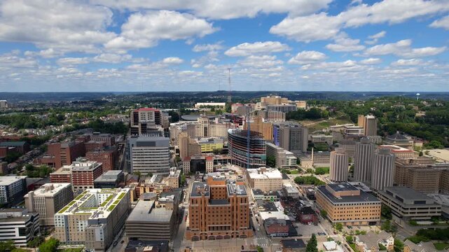 Aerial view of University of Pittsburgh (Pitt) campus and hospitals in Pittsburgh, Pennsylvania.