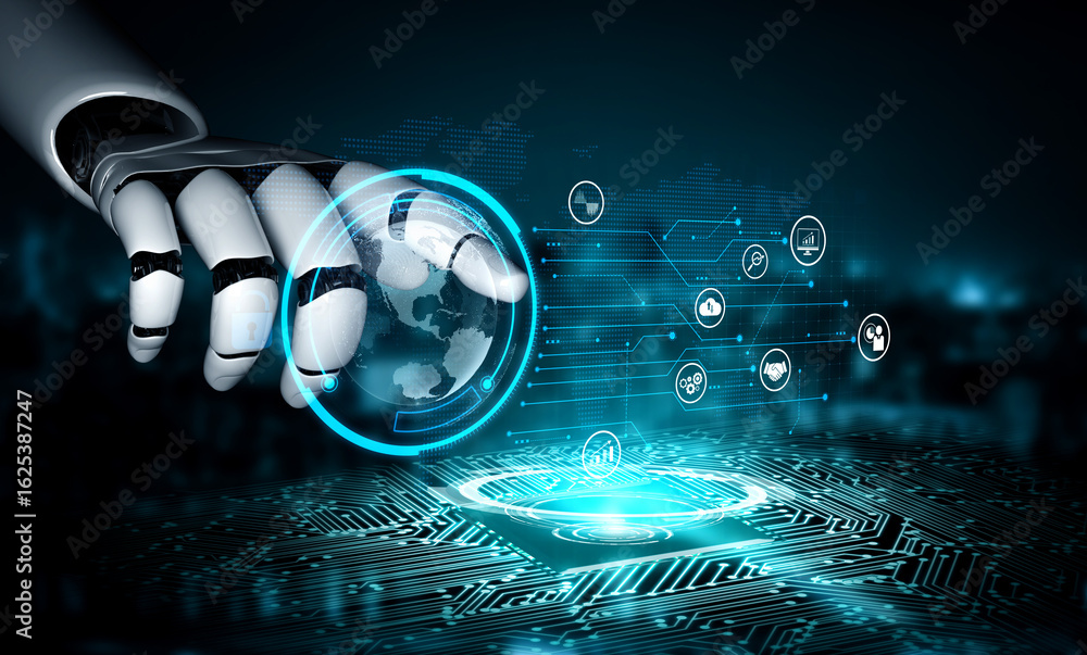 Poster AI artificial intelligence drives data analytics with predictive models, smart dashboards, and virtual assistant insights for data-driven business decisions. Vouch