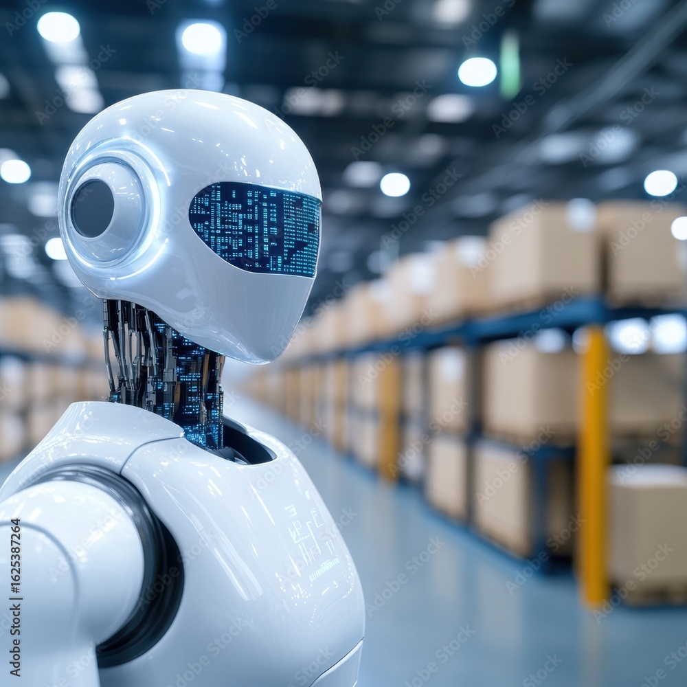 Poster robotic automation in warehouse: a futuristic robot with an intelligent design surveys a warehouse, 