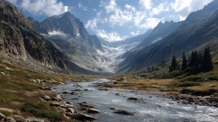 wide-angle photo of melting glacier valley, sparse vegetation emerging, climate shift 