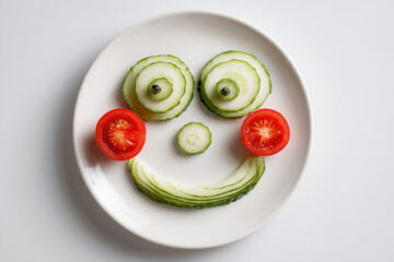 Funny vegetable face made from cucumber slice eyes and cherry tomato smile arranged on white plate, creative playful food art concept
