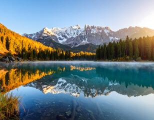 A tranquil alpine lake perfectly reflects snow-capped mountains and a golden autumn forest at sunrise.