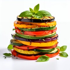 Stack of grilled assorted vibrant vegetables and fresh basil leaves, beautifully presented on white background