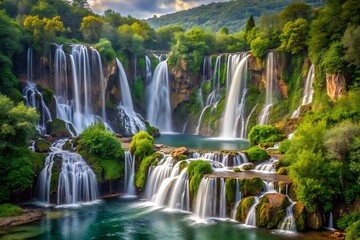 Obraz premium Majestic Cascade Within Historic Southeast European Landscape