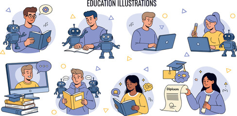 AI technology in education set. Student and teacher characters using artificial intelligence generative tools for learning, teaching, school lesson planning, exam preparation