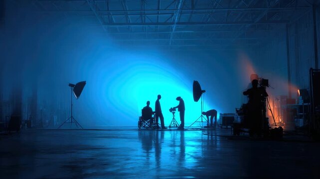 Film set filled with dramatic neon blue lighting. Professional camera, smoky shooting atmosphere. Crew members, filmmaking, art cinematography, creative movie tv production background. Record video.