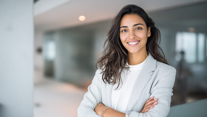 Confident smiling brunette businesswoman in grey blazer stands arms crossed. Use for corporate portraits, headshots, web banners, branding, and business presentation.