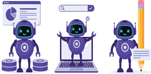 Fototapeta premium Artificial intelligence technology in business set. AI robot assistant analyzing data, business tasks, seo. Automation tools concept