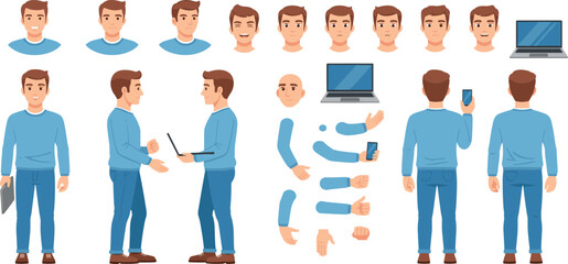 Business man character constructor for animation. Front, side and back view set. Body parts, postures, poses collection