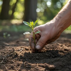 A close-up photograph capturing a hand gently planting a small, green seedling into rich soil, symbolizing new life and growth.