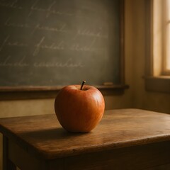 A single apple placed on a vintage wooden desk beside a chalkboard with faint handwriting — soft ambient light from a window casts a warm tone.