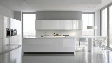 Fototapeta premium ultra minimal kitchen, mirrored flat cabinets, clean lines, no handles, modern futuristic vibe