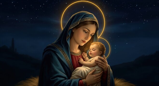 A tender illustration of the Virgin Mary gently holding baby Jesus, surrounded by a soft glowing light. Peaceful, spiritual scene on a light background, ideal for religious themes.
