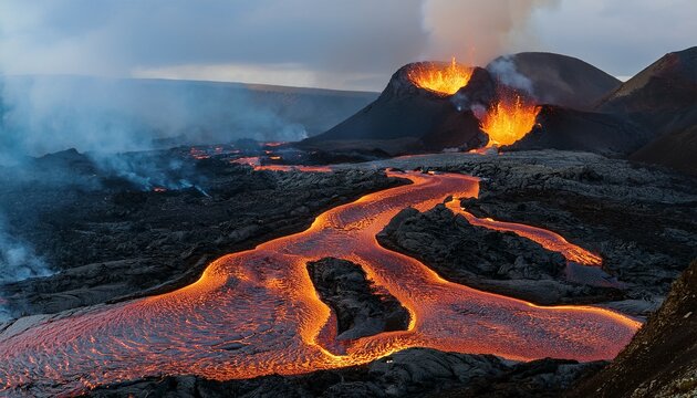 lava flowing down the slopes of an active volcano