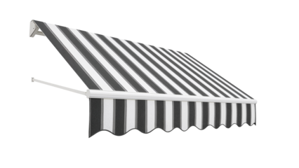 Stylish black and white striped awning protects from sun and rain perfect for shops or patios adding a touch of classic design and functional shade